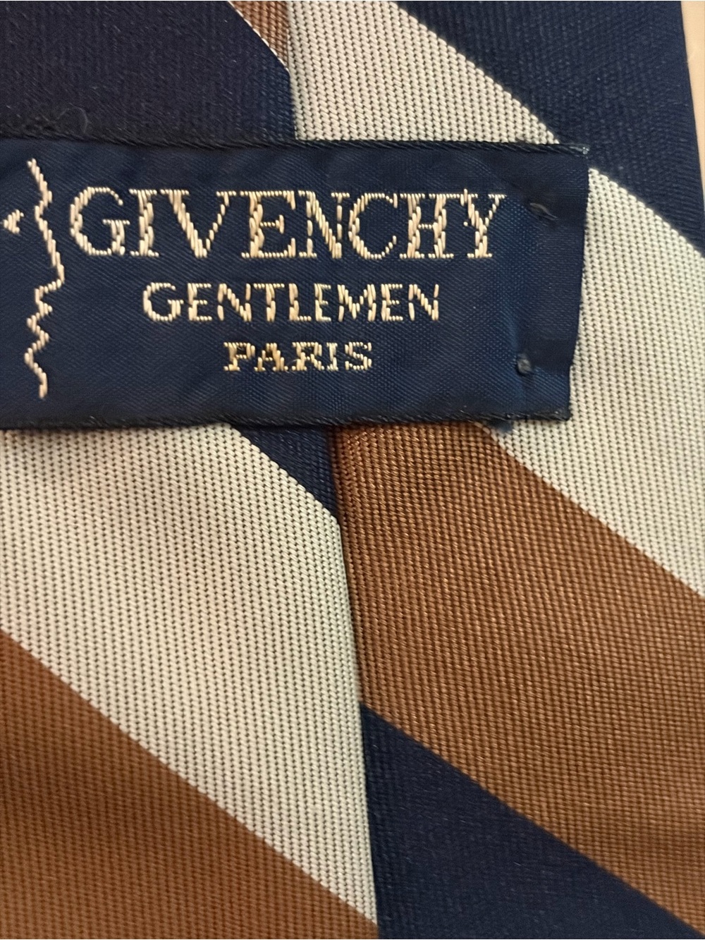 Women’s Tie- Givenchy Navy Blue Brown Cream Striped Silk - Picture 2 of 6